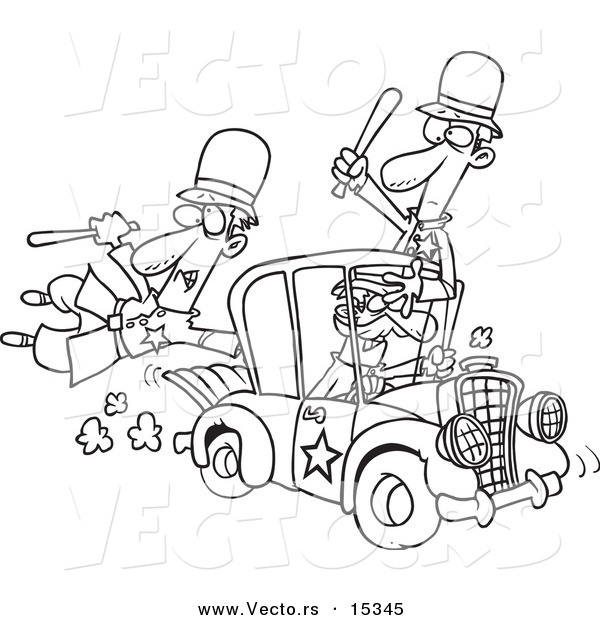 Vector of a Cartoon Thief Stealing a Police Car - Coloring Page Outline