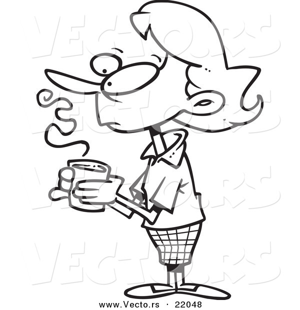Vector of a Cartoon Thinking Woman Holding Coffee - Outlined Coloring Page