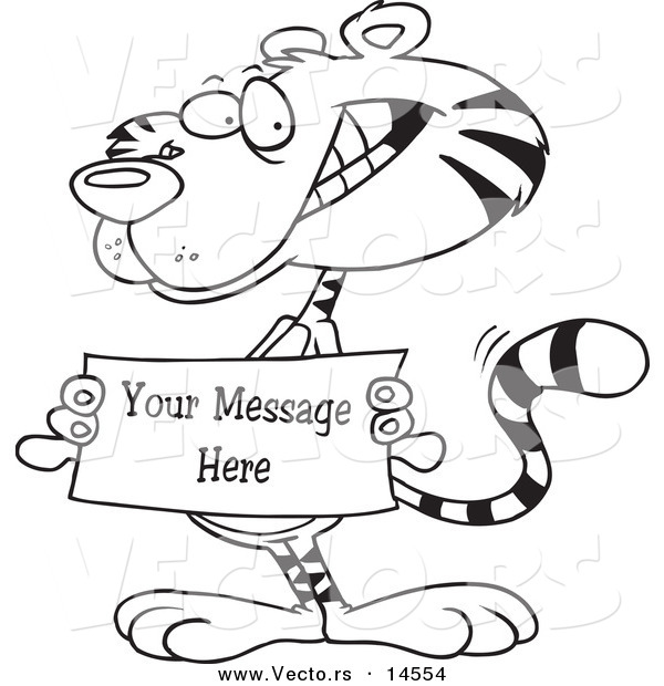 Vector of a Cartoon Tiger Holding a Sign with Sample Text - Coloring Page Outline