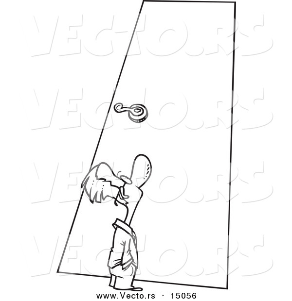 Vector of a Cartoon Tiny Businessman Looking up at a Door - Coloring Page Outline
