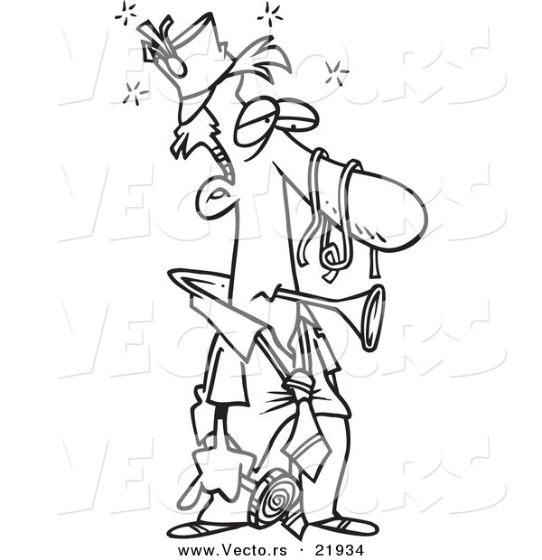 Vector of a Cartoon Tired Businessman After a Party - Outlined Coloring Page