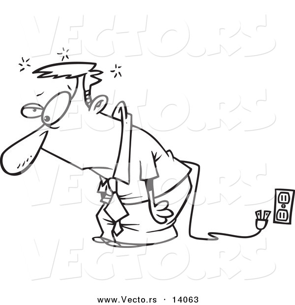 Vector of a Cartoon Tired Businessman Unplugged from an Electrical Socket - Coloring Page Outline