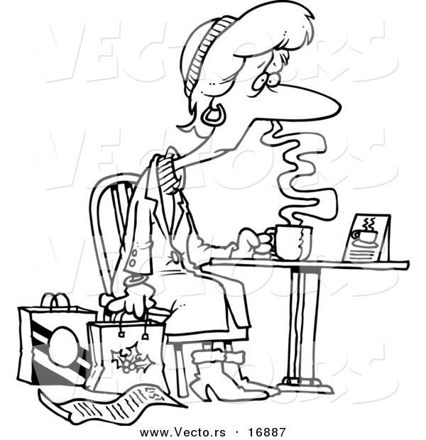 Vector of a Cartoon Tired Christmas Shopper Drinking Coffee - Coloring Page Outline