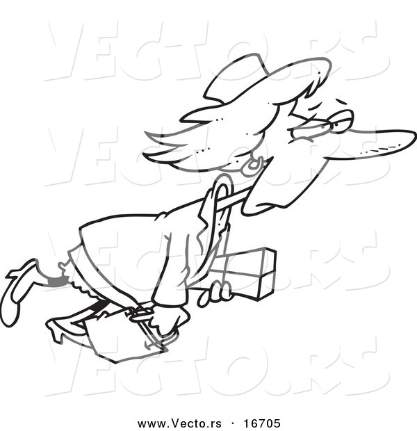 Vector of a Cartoon Tired Girl Carrying a Package and Bag - Outlined Coloring Page Drawing