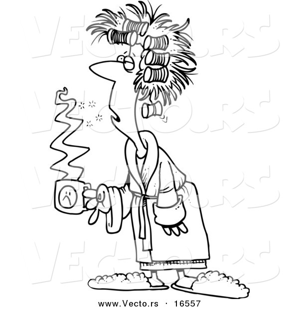 Vector of a Cartoon Tired Girl with Bad Hair, Holding Coffee - Outlined Coloring Page Drawing