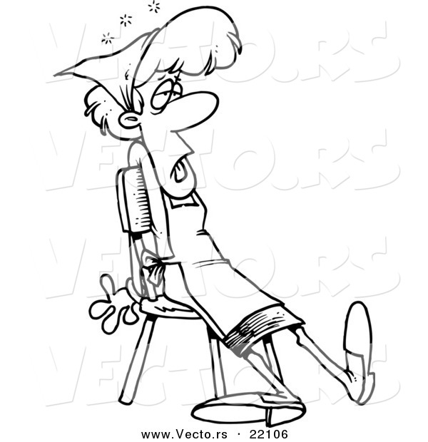 Vector of a Cartoon Tired Maid Sitting in a Chair - Outlined Coloring Page