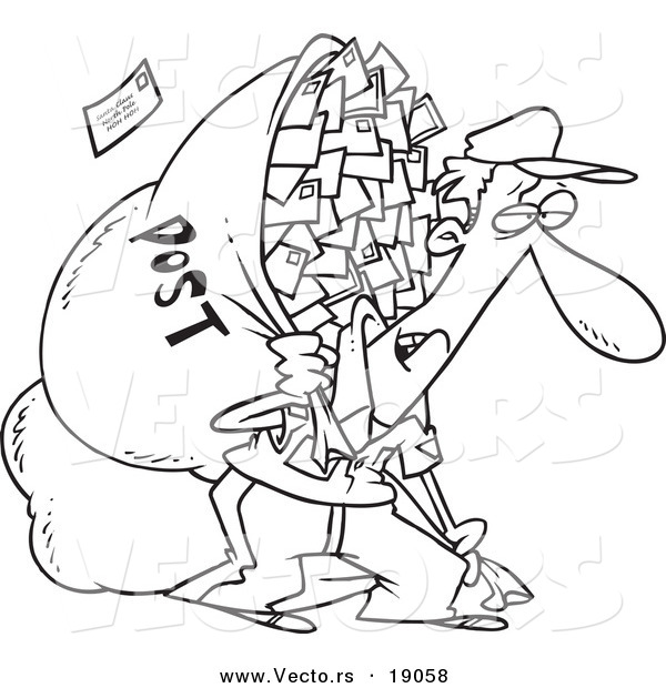 Vector of a Cartoon Tired Mail Man Carrying a Big Bag - Outlined Coloring Page