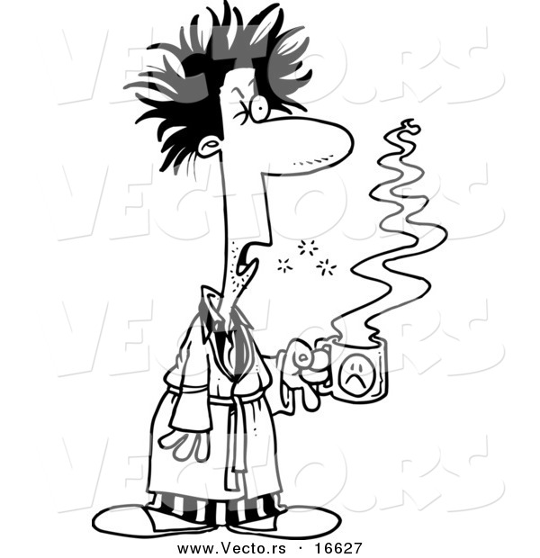 Vector of a Cartoon Tired Man with Bad Hair, Holding Coffee - Outlined Coloring Page Drawing