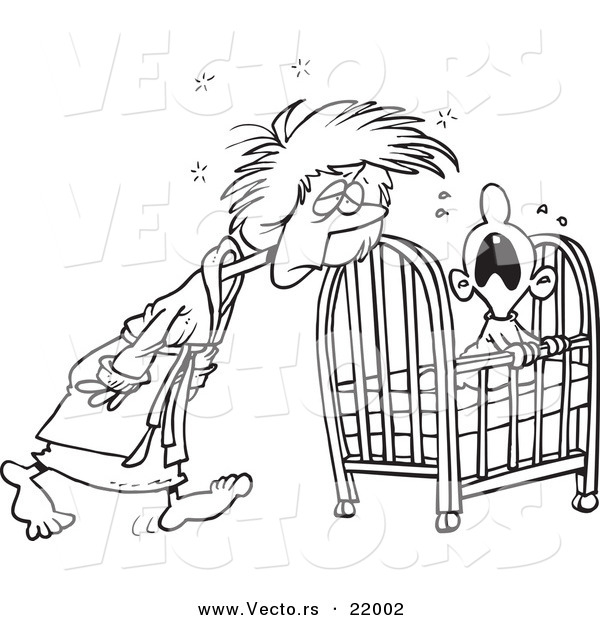 Vector of a Cartoon Tired Mother Tending to Her Baby - Outlined Coloring Page