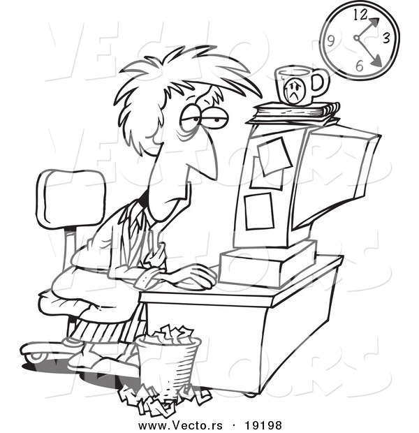 Vector of a Cartoon Tired Woman Trying to Meet Her Deadline - Outlined Coloring Page