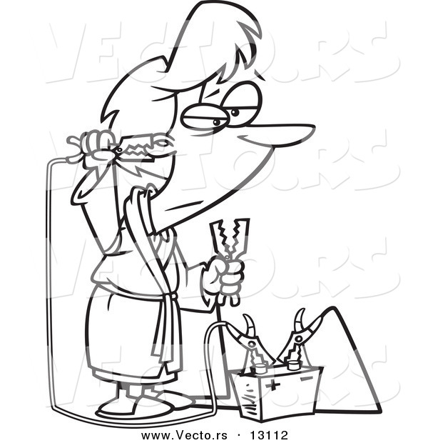 Vector of a Cartoon Tired Woman Trying to Recharge with a Battery Jump Start Kit - Outlined Coloring Page
