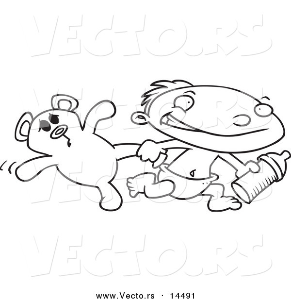 Vector of a Cartoon Toddler Boy Running with a Bottle and Teddy Bear - Coloring Page Outline