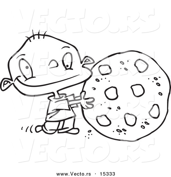 Vector of a Cartoon Toddler Rolling a Large Chocolate Chip Cookie - Coloring Page Outline
