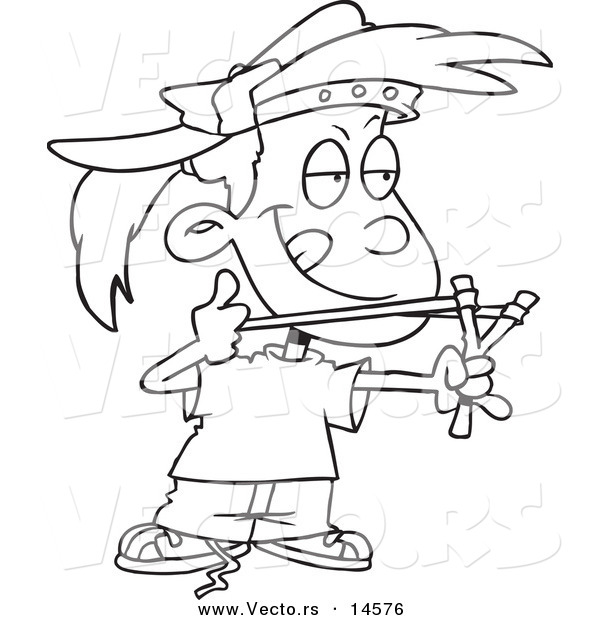 Vector of a Cartoon Tomboy Girl Aiming a Sling Shot - Coloring Page Outline