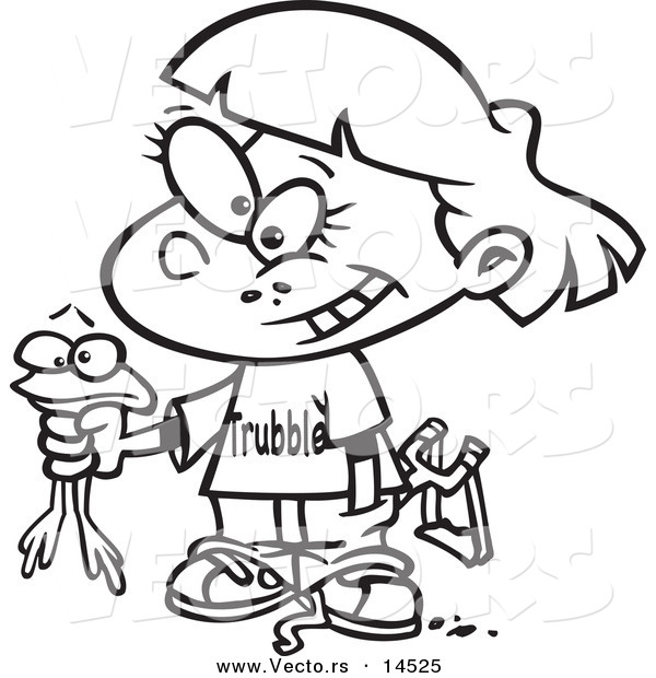 Vector of a Cartoon Tomboy Girl Holding a Frog - Coloring Page Outline