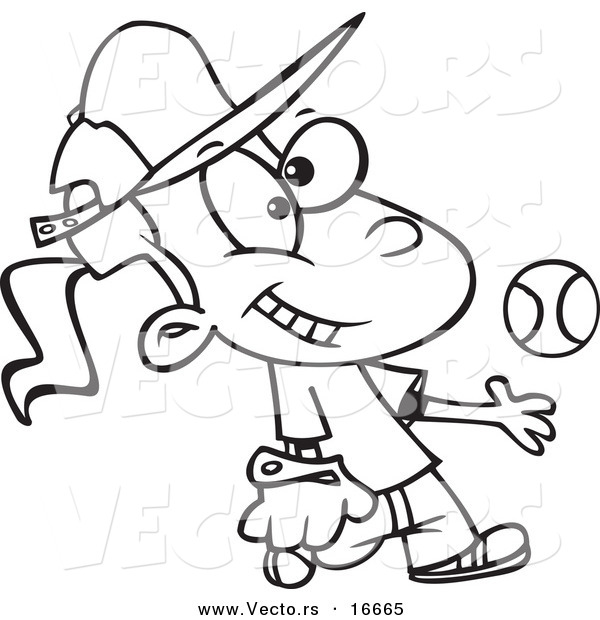 Vector of a Cartoon Tomboy Girl Tossing and Catching a Baseball - Outlined Coloring Page Drawing