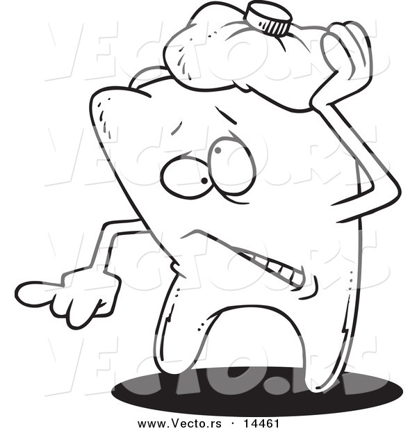 Vector of a Cartoon Tooth Trying to Soothe an Ache with an Ice Pack - Coloring Page Outline