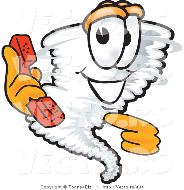 Vector of a Cartoon Tornado Character Pointing at a Telephone
