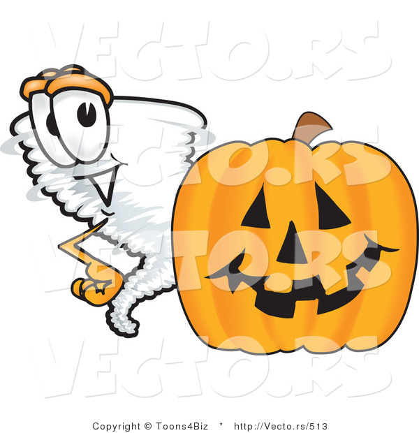 Vector of a Cartoon Tornado Mascot Beside a Halloween Pumpkin
