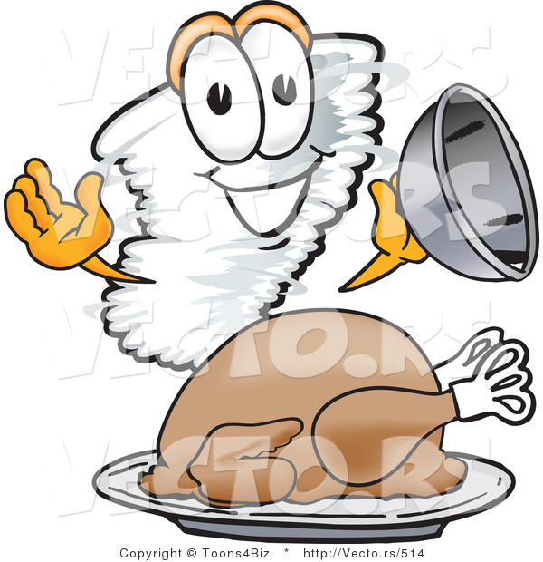 Vector of a Cartoon Tornado Mascot Beside a Thanksgiving Turkey