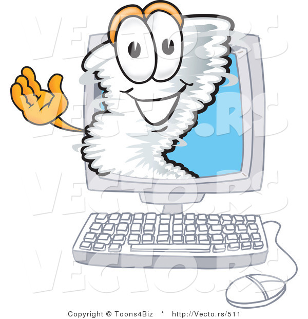 Vector of a Cartoon Tornado Mascot Inside a Computer Screen