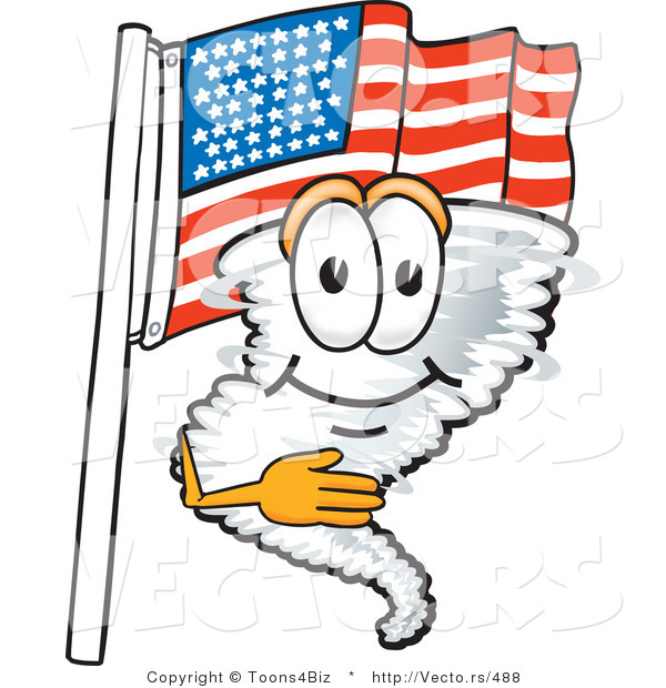 Vector of a Cartoon Tornado Mascot Pledging Allegiance with an American Flag