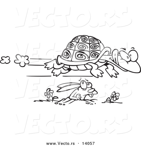 Vector of a Cartoon Tortoise Flying over a Hare - Coloring Page Outline