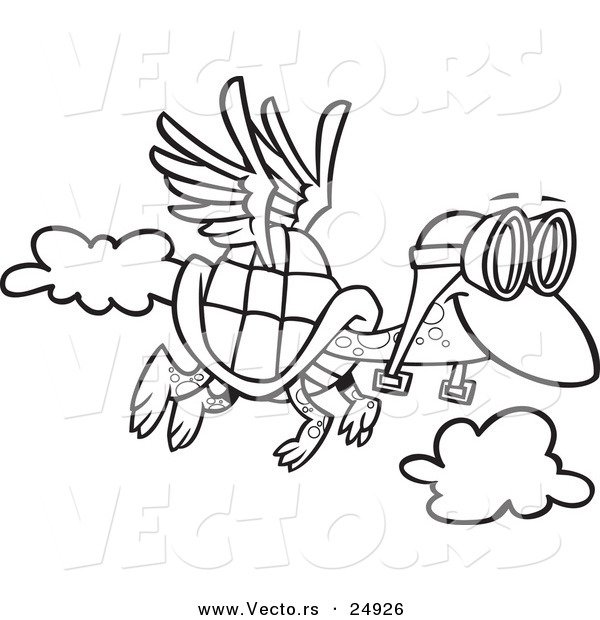 Vector of a Cartoon Tortoise Flying with Pilot Goggles - Outlined Coloring Page