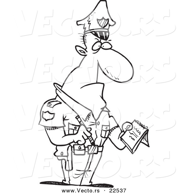 Vector of a Cartoon Tough Cop Writing a Ticket - Coloring Page Outline