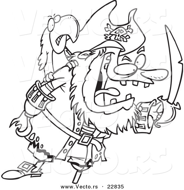 Vector of a Cartoon Tough Pirate and Bird - Coloring Page Outline