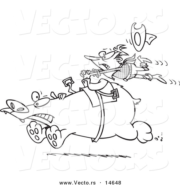 Vector of a Cartoon Tough Rodeo Cowboy Riding a Bear - Coloring Page Outline