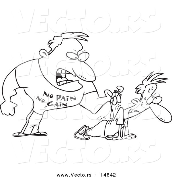 Vector of a Cartoon Tough Trainer Making His Client Doing Pushups - Coloring Page Outline