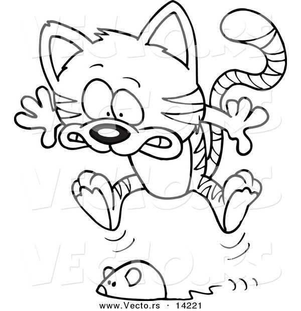 Vector of a Cartoon Toy Mouse Frightening a Tabby Cat - Coloring Page Outline