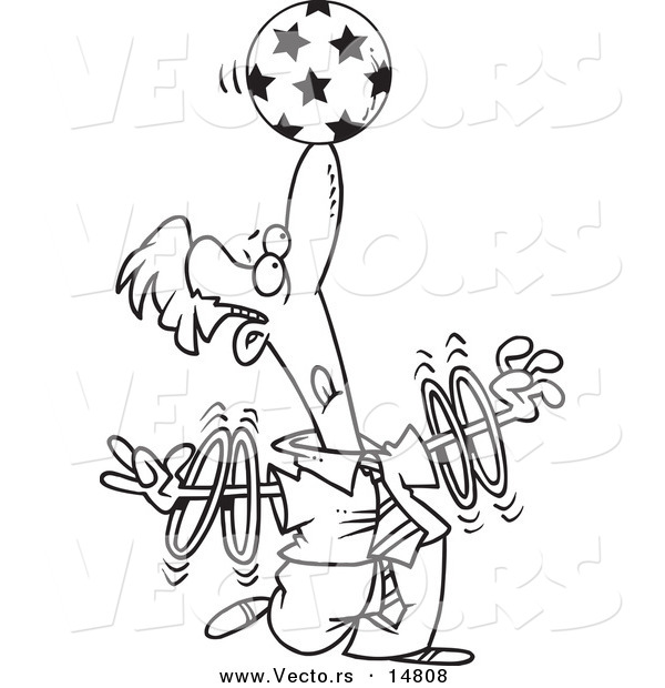Vector of a Cartoon Trained Businessman Spinning Rings on His Arms and Balancing a Ball on His Nose - Coloring Page Outline