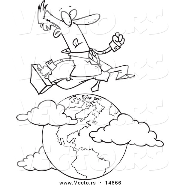 Vector of a Cartoon Traveling Salesman Leaping over the Globe - Coloring Page Outline