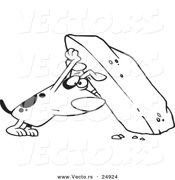 Vector of a Cartoon Treasure Hunting Dog Looking Under a Rock - Outlined Coloring Page