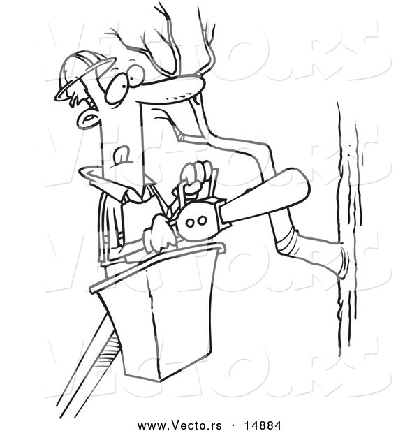 Vector of a Cartoon Tree Trimmer Holding a Saw - Coloring Page Outline