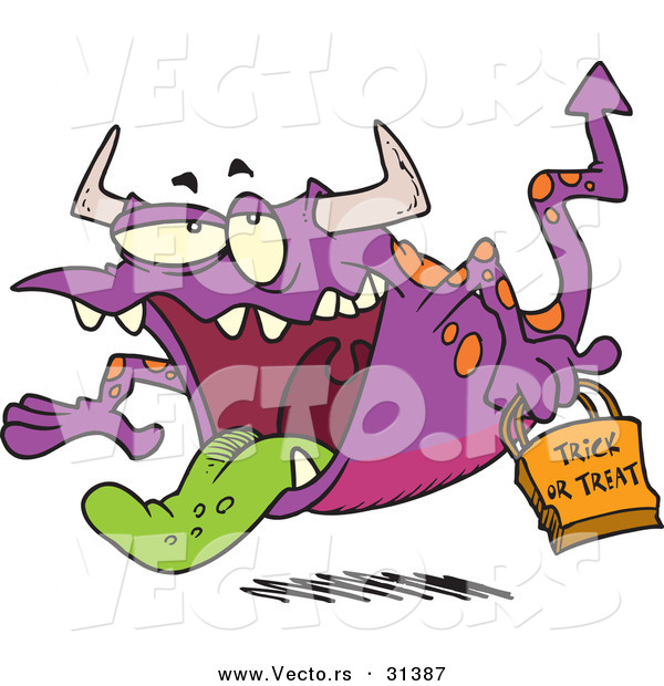 Vector of a Cartoon Trick-or-Treating Purple Halloween Monster