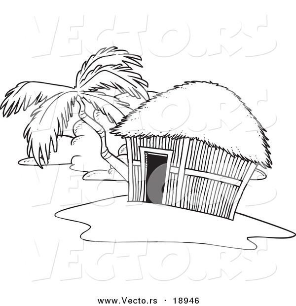 Vector of a Cartoon Tropical Hut on an Island - Outlined Coloring Page