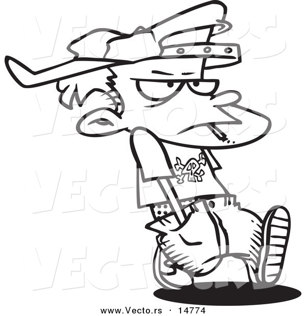 Vector of a Cartoon Troubled Boy Walking and Smoking - Coloring Page Outline