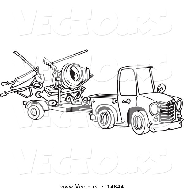 Vector of a Cartoon Truck Pulling a Trailer with Landscape and Concrete Equipment - Coloring Page Outline