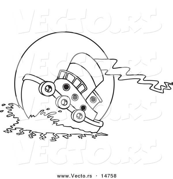 Vector of a Cartoon Tug Boat at Sea - Coloring Page Outline