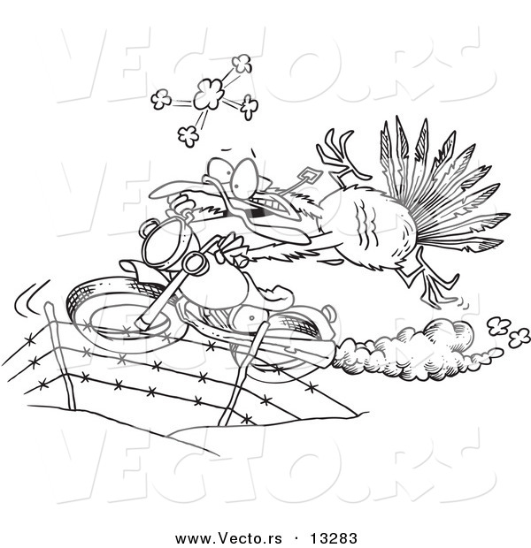 Vector of a Cartoon Turkey Bird Escaping on a Motorcycle - Coloring Page Outline