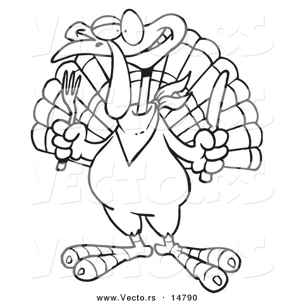 Vector of a Cartoon Turkey Bird Holding a Knife and Fork - Coloring Page Outline