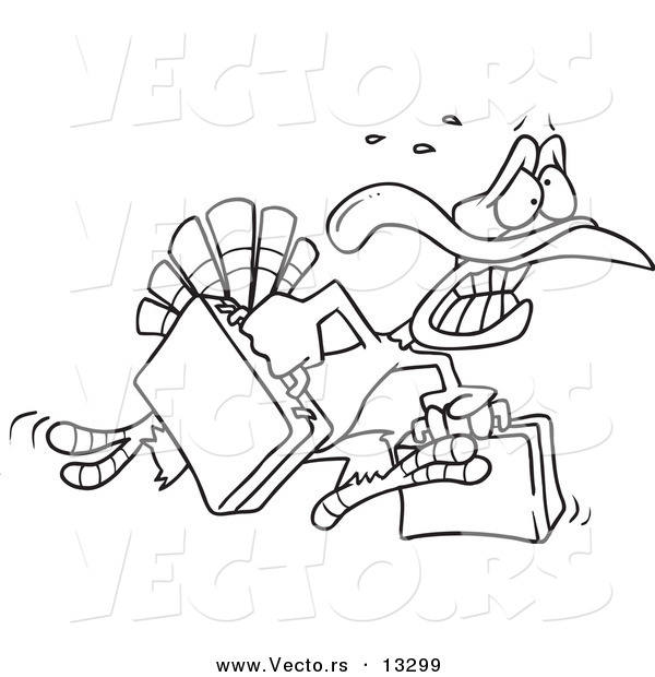 Vector of a Cartoon Turkey Bird Running in Panic with Luggage - Coloring Page Outline