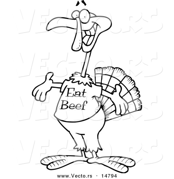 Vector of a Cartoon Turkey Bird Wearing an Eat Beef Shirt - Coloring Page Outline
