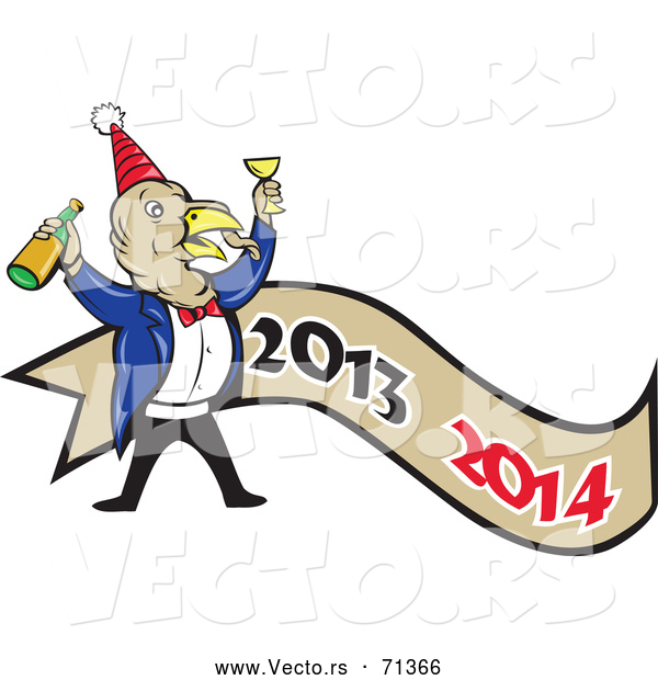 Vector of a Cartoon Turkey Celebrating the New Year over a 2013-2014 Banner