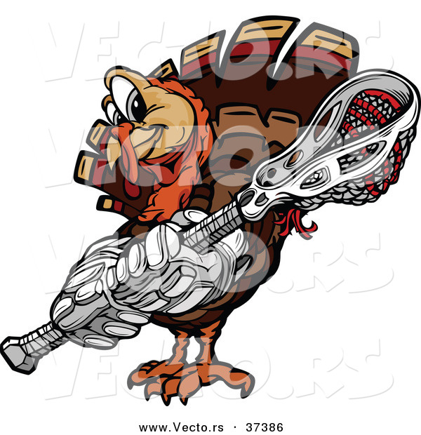 Vector of a Cartoon Turkey Mascot Holding a Lacrosse Stick