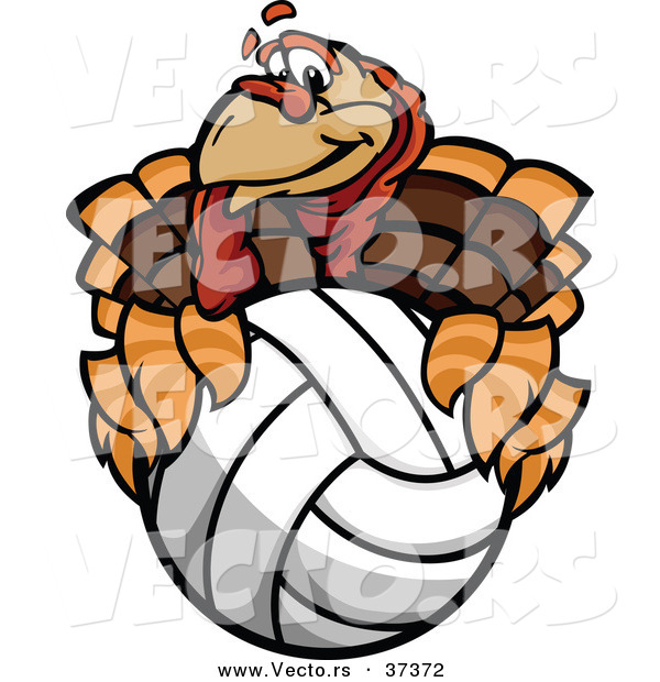 Vector of a Cartoon Turkey Mascot Holding a Volleyball