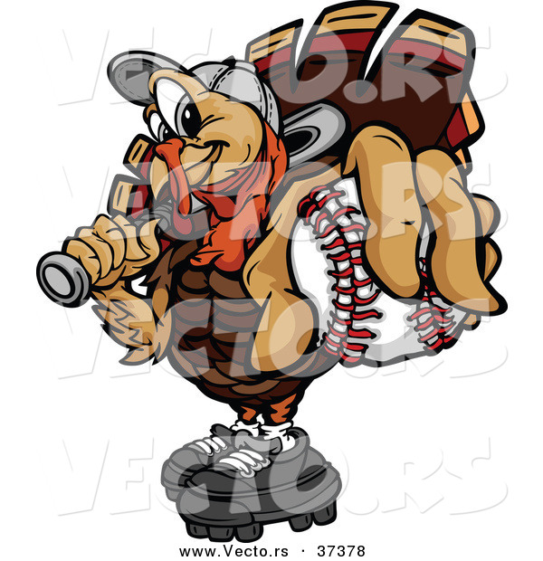 Vector of a Cartoon Turkey Mascot Holding out a Baseball